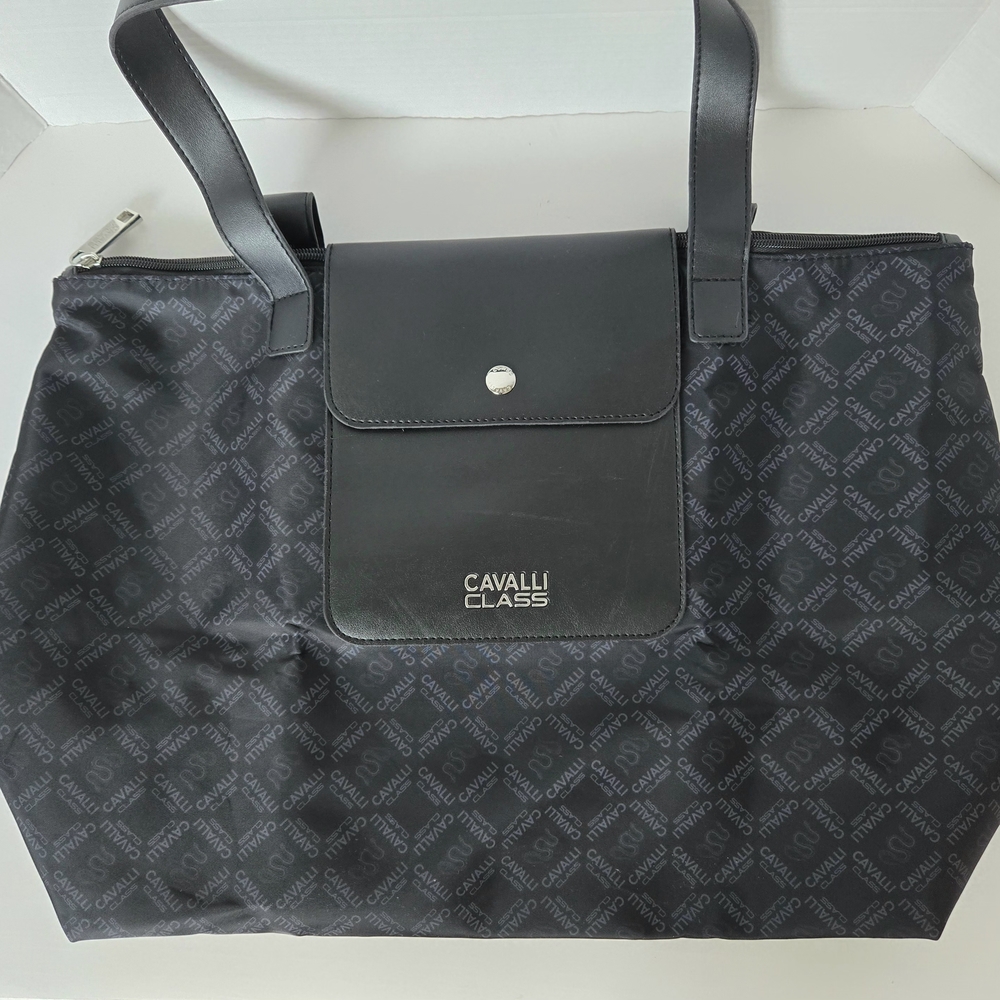 Cavalli Class Large Shopper Weekend Tote Bag Nylon Black Faux Leather AOP